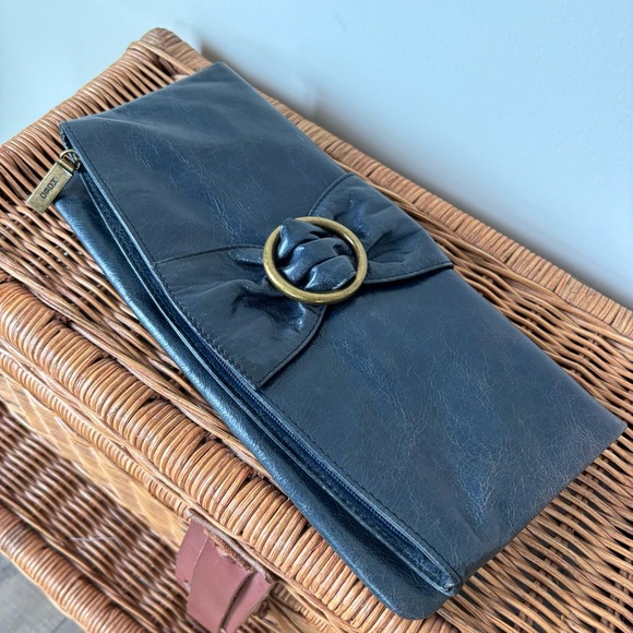 Hobo International Leather Fold Over Bow Clutch Dark Navy - Picture 10 of 16